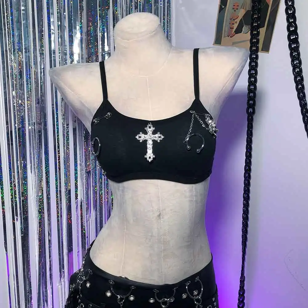 Harajuku Gotico E-Girls Teschio Goth Y2K Halter Canotta TOP Trendy Club Wear Eco anni '90 Punk Rock Emo Fai da te Kawaii Grunge Cross