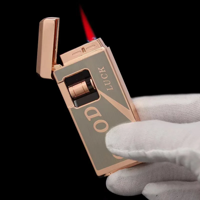 Touch Roller Induction Windproof Red Jet Flame Butane Gas Lighter, Metal Creative Ignition Gadget Smoking Accessory