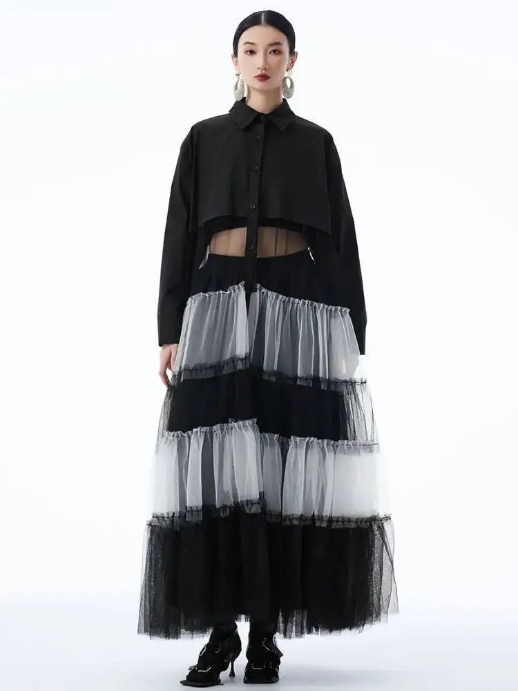

Women Black Mesh Perspective Big Size Long Shirt Dress New Lapel Long Sleeve Fashion Tide Spring Autumn