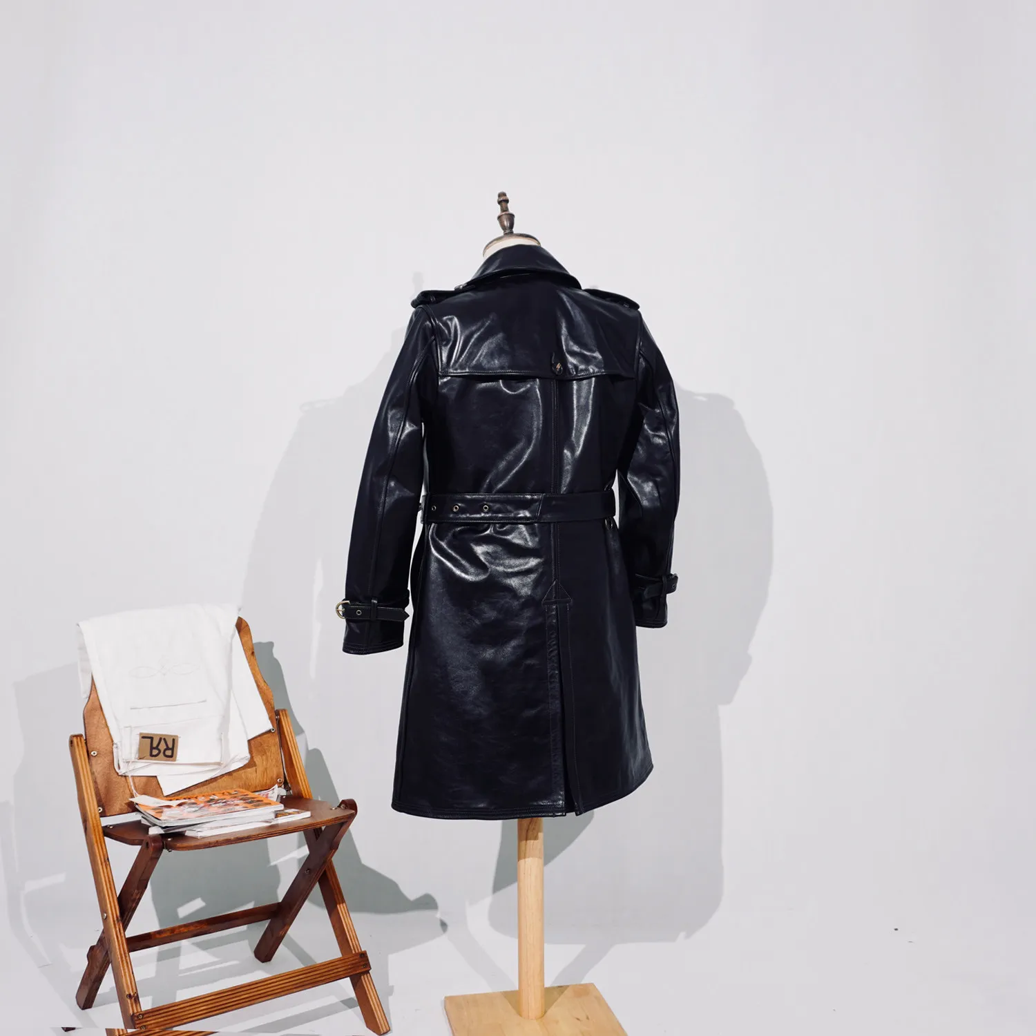 Classic lapel mid-length heavy horse leather trench coat tooling double-breasted cavalry jacket