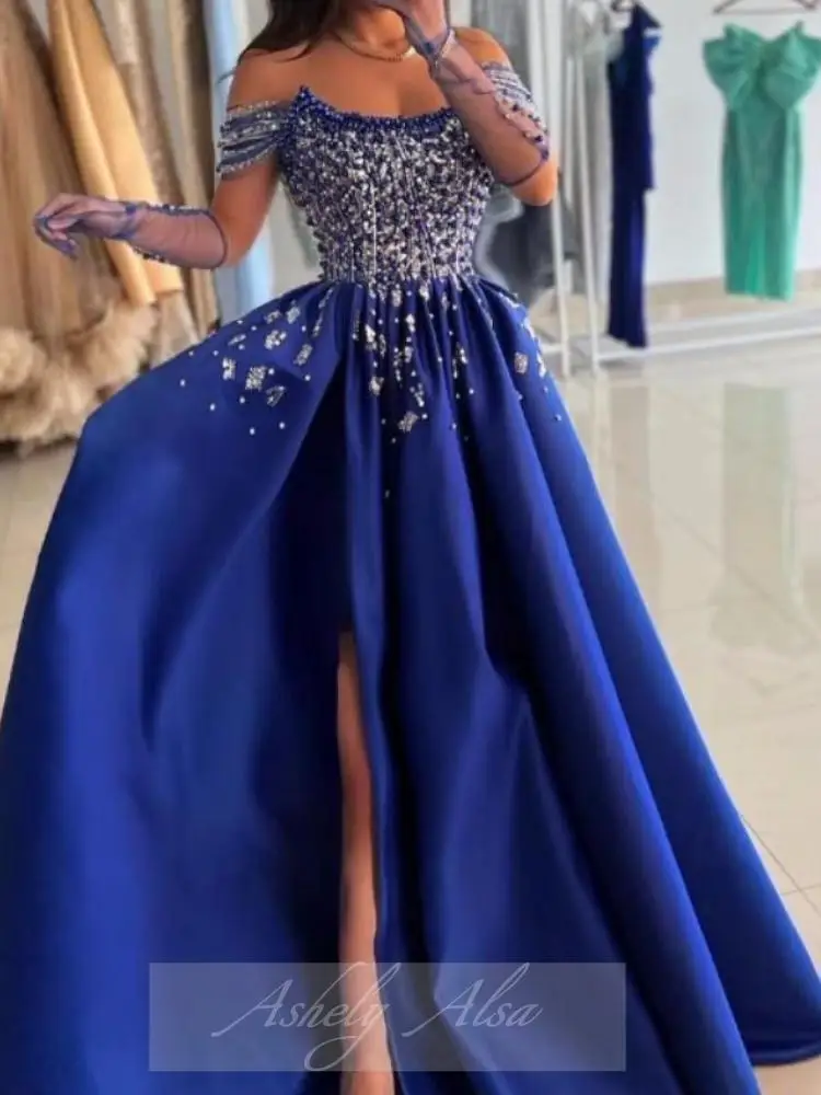 Customized Luxury Blue Beaded Prom Dress Off Shoulder Pearls Crystal Satin Slit Party Special Occasion Dress Formal Evening Wear