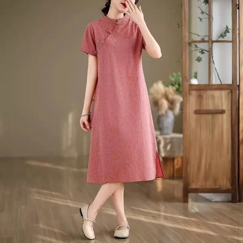 2024 Summer New Cotton Small Plaid Qipao Dress Women's Short Sleeve Loose Large Size Daily Improvement Retro Cheongsam K1722