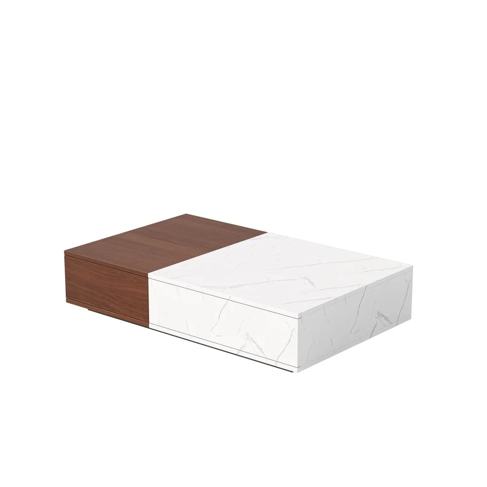 Modern Style Walnut Coffee Table with Two Storage Spaces，Marble Finish Two Color Patchwork Design,Café Tables