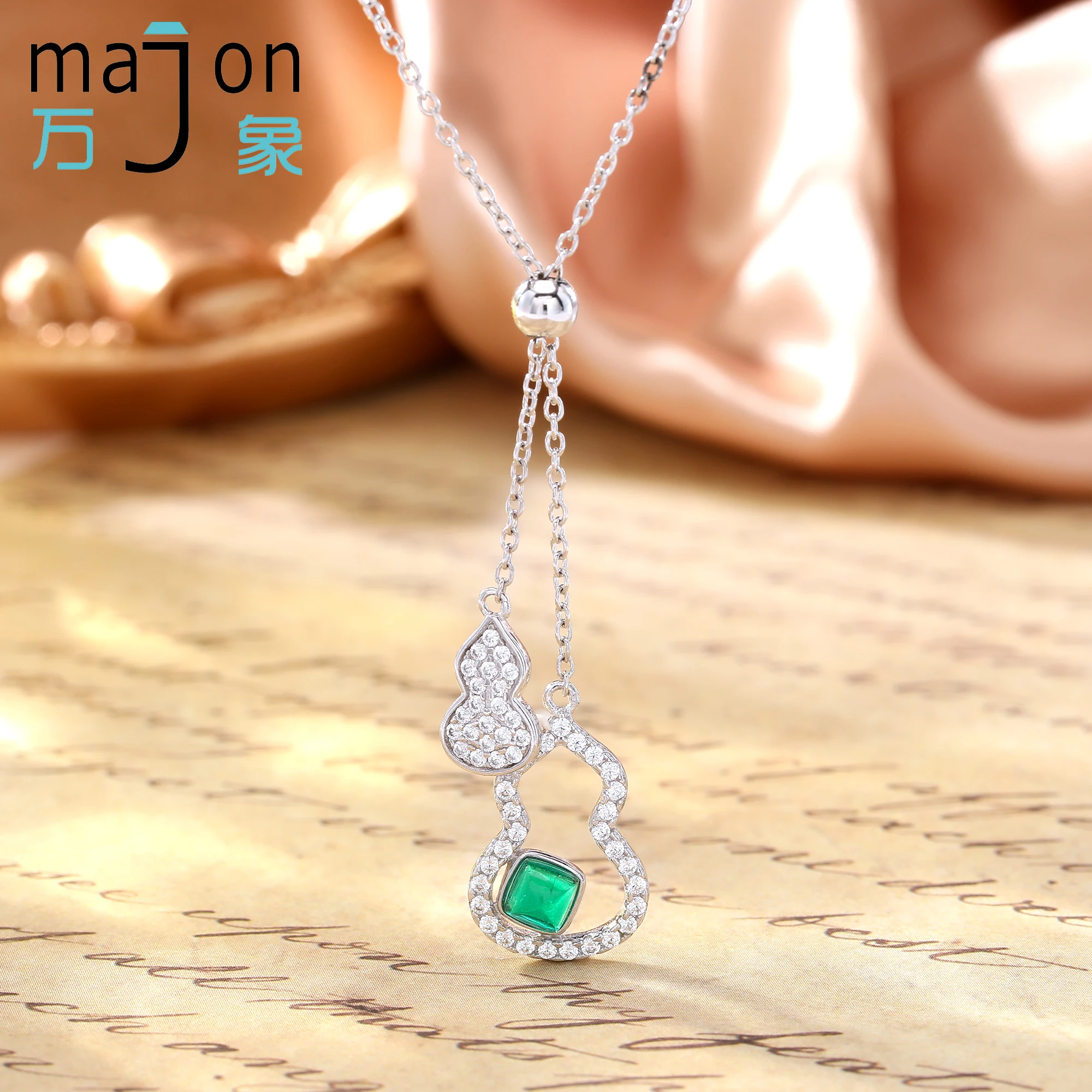 Lab-Grown Emerald Pagoda & Gourd Shape Pendant Necklace S925 Silver Luxury Engagement Wedding Party Gift Daily Wear for Women