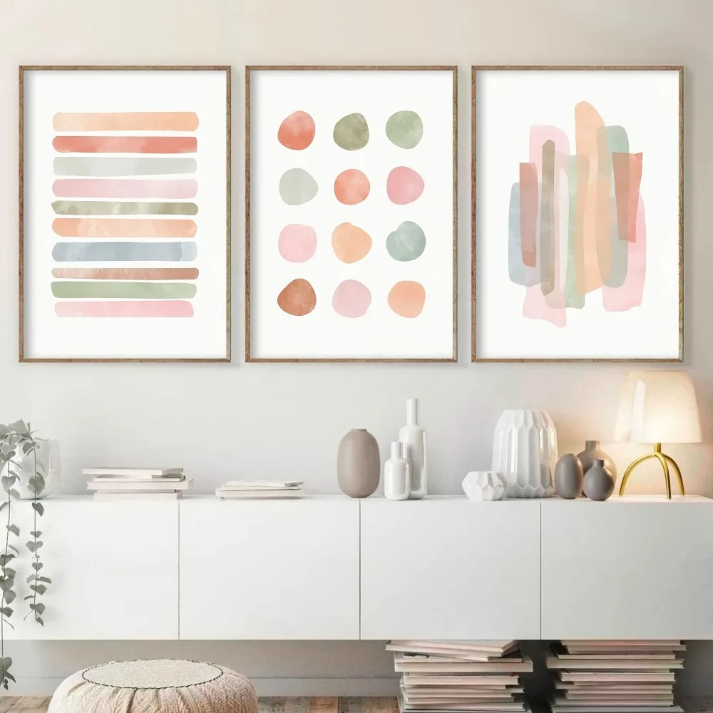 3pcs frameless Canvas Painting 3pcs Frameless Modern Abstract Wall Art,Beige Minimalism and Polka Dot Stripe,Pastel Canvas Print