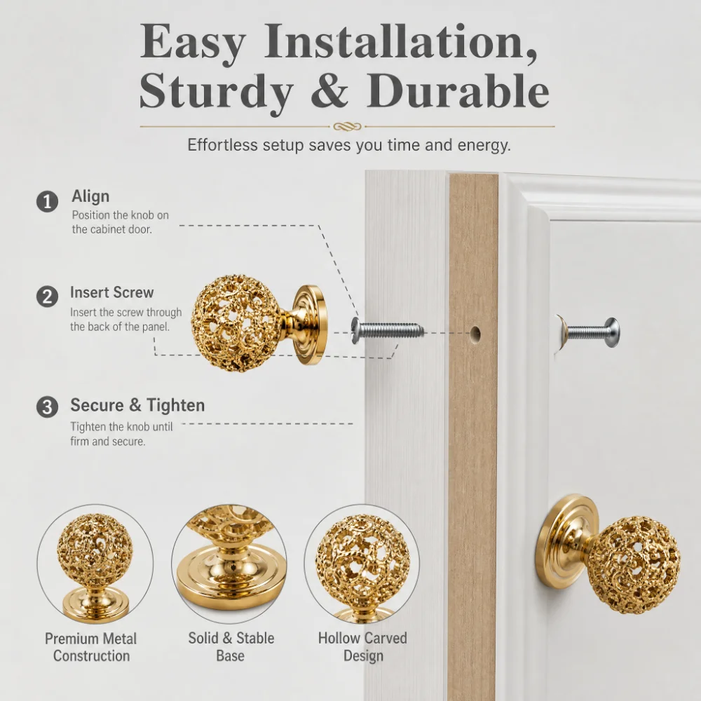 1 piece of exquisite metal hollow ball knob, polished zinc alloy drawer handle, suitable for dressers, cabinets, drawers