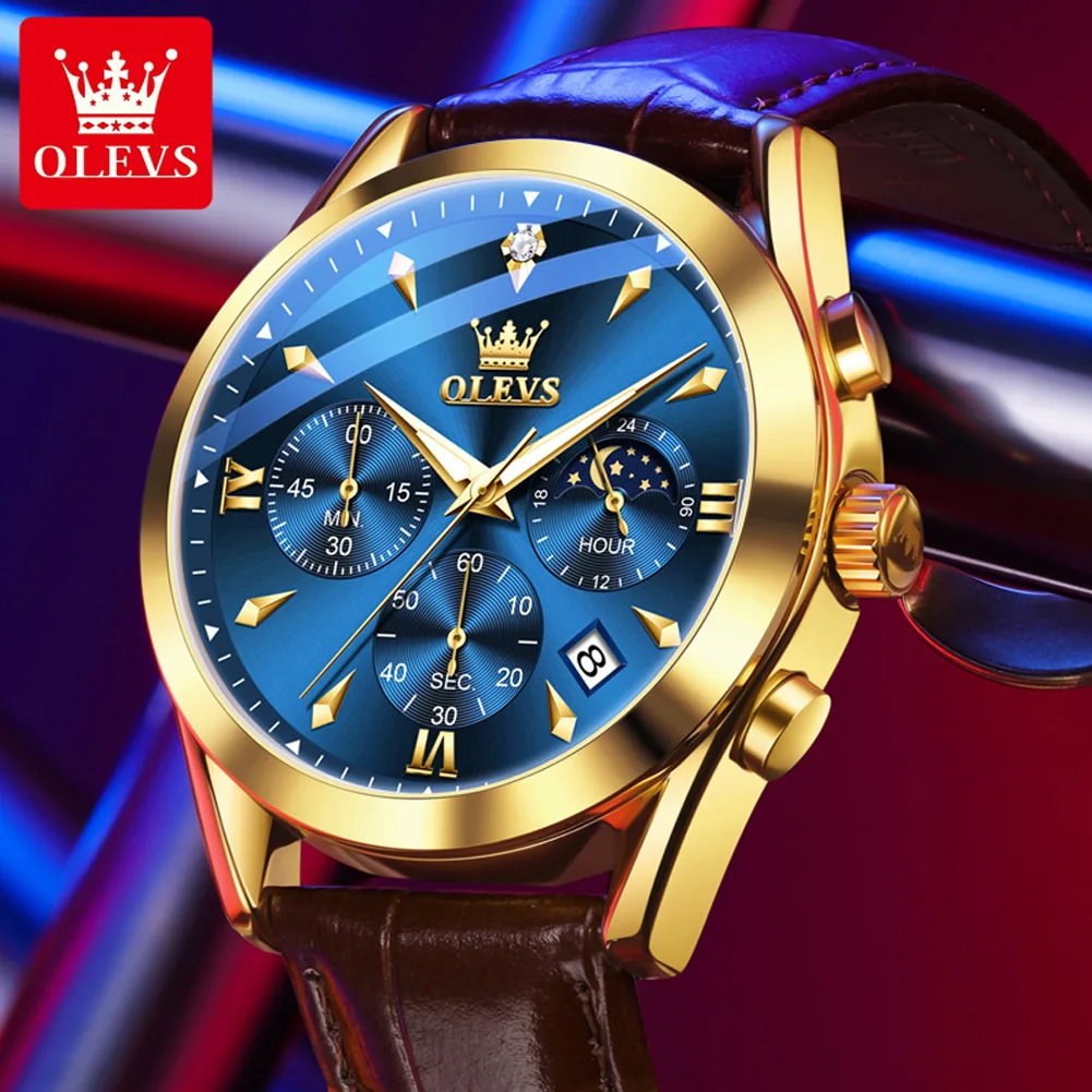 OLEVS 3609 Man Watch Luxury Original Business Sport Belt Quartz Moon Wristwatches Waterproof Week Date Watches For Man Gifts