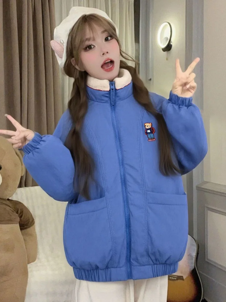 

Cartoon Vintage Cute Parkas Women Sweet Preppy Style Long Sleeve Puffy Coat Winter Warm Stand Collar Female Korean Retro Jacket