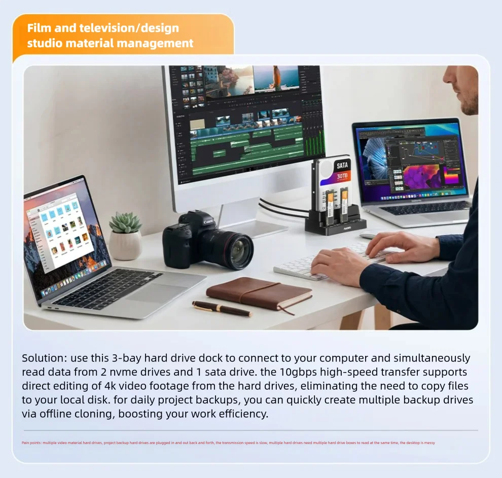 MAIWO 3-Bay Dockingstation Adapter 10Gbps für M.2 NVME SSD & 2,5 3,5 Zoll SATA HDD SSD Unterstützt Offline-Klonen für PC Laptop – Detail 8