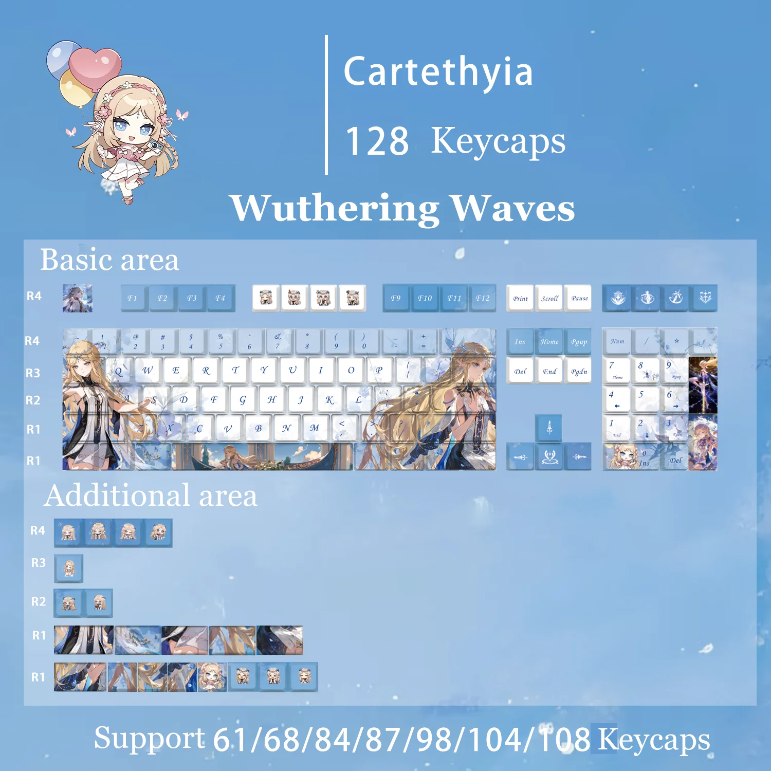 Game Wuthering Waves Cartethyia 128 Key Caps Cosplay Props Axis Side Engraved Mechanicale Keycaps Gaming Tabletop Supplies