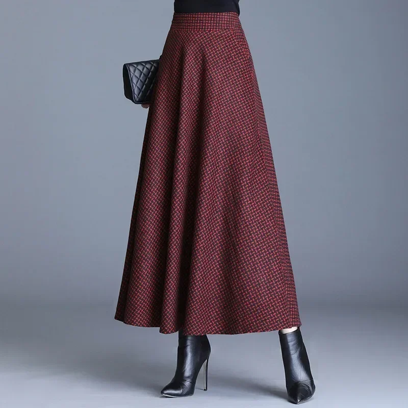 

Korean Style Autumn/Winter Woolen Skirt for Women, Elegant Plaid Flared Skirt with Elastic Waistband and Pockets
