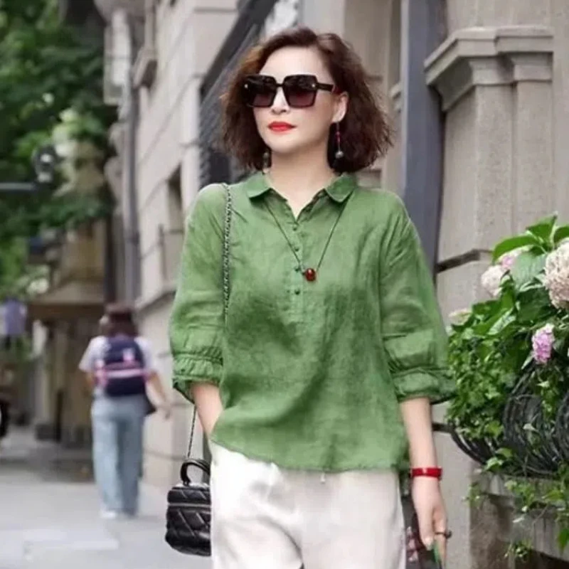 

High End Women's New Jacquard Lapel Shirt Stylish Retro Women's Mid Sleeved Shirt Slimming and Concealing Thin Shirt