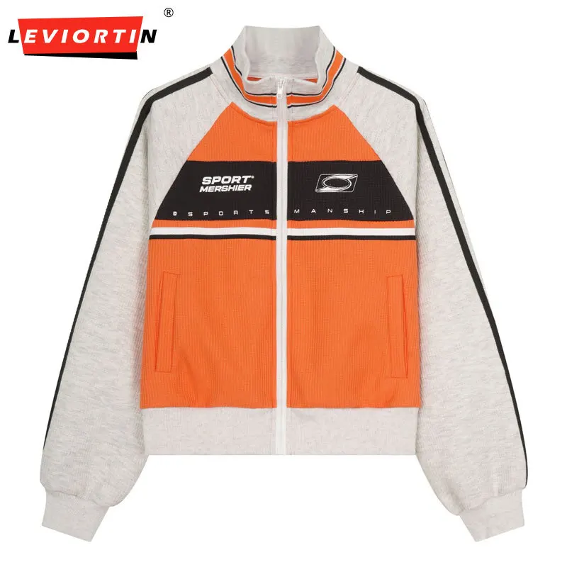 Men Women American Color Block Print Raglan Stand Collar Zip Up Jacket, Autumn Loose Fit Casual Sports Short Outerwear