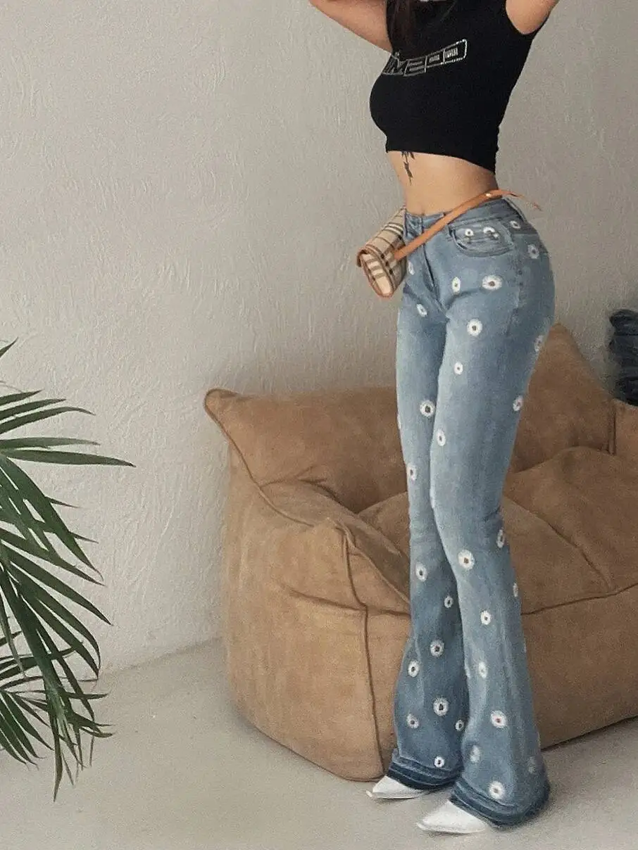 Women's Denim Bell Bottoms High Waist Tight Elastic Long Legs Daisy Embroidered Printed Spicy Girl Slim Straight Jeans UDUE