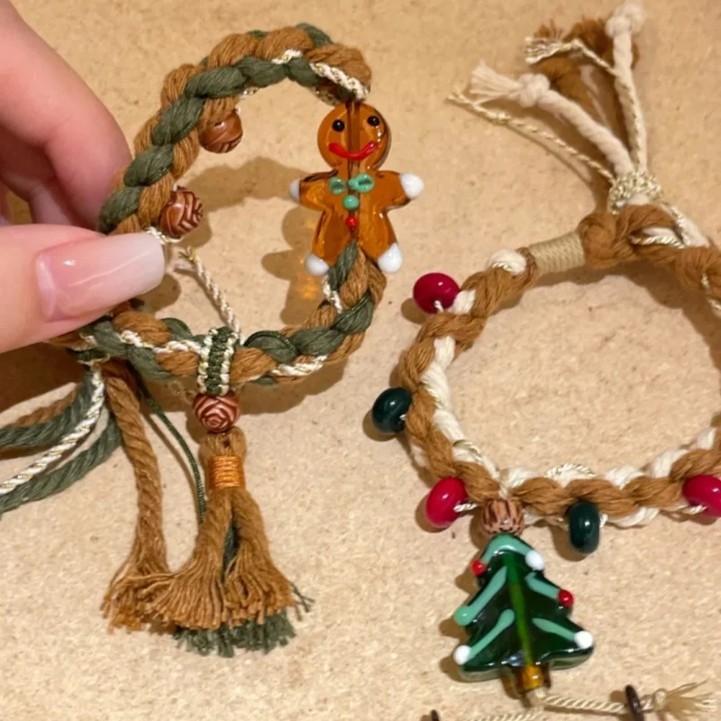 Pulsera navideña de cristal con cuerda tejida de hombre de jengibre para niñas, linda y creativa de otoño e invierno, Navidad retro y versátil