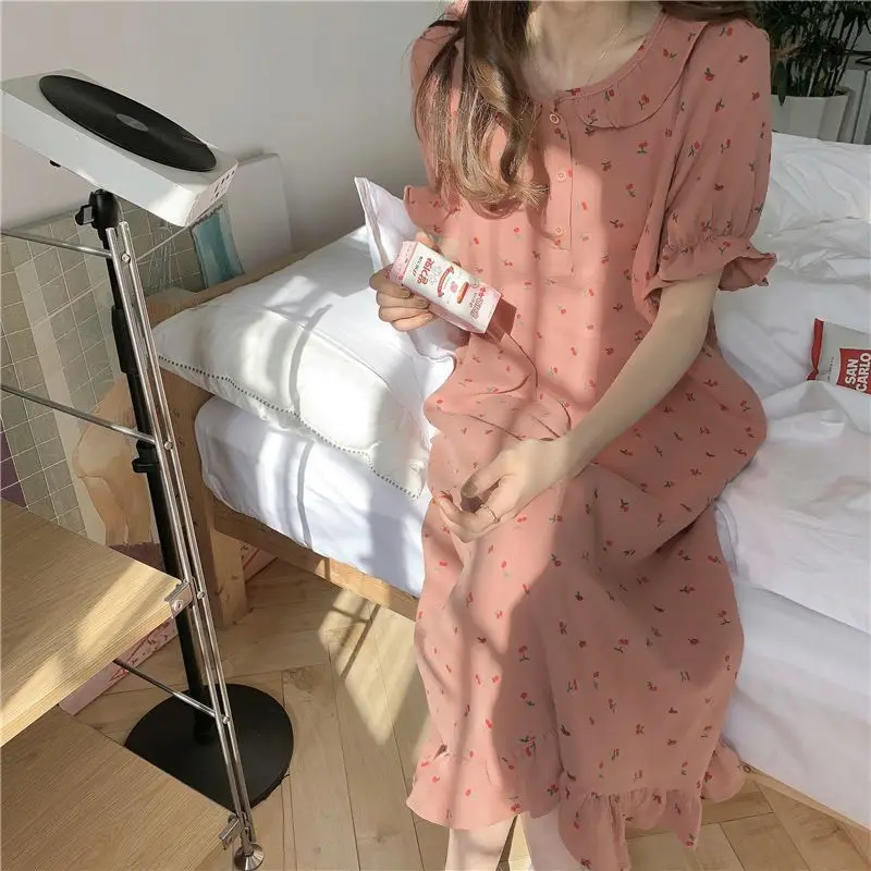 

Kawaii Women Clothing Lace Pajamas Nightgowns Loungewear Prints Short Sleeve Dresses Summer Sleepwear Loose Nightwear New