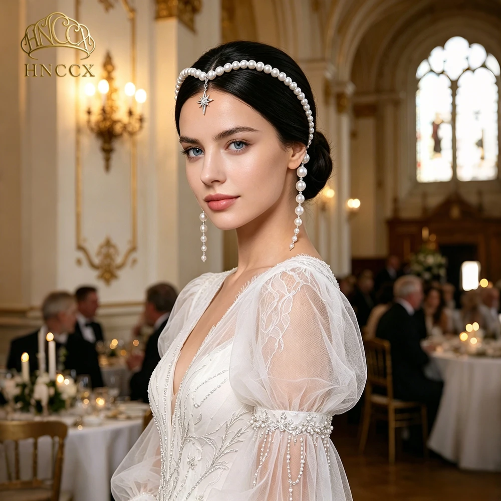 HNCCX Elegant Boho Pearl Foreband Headband Silver Color Handmade Head Chain Wedding Bridesamaids Party Hair Accessories HP1010