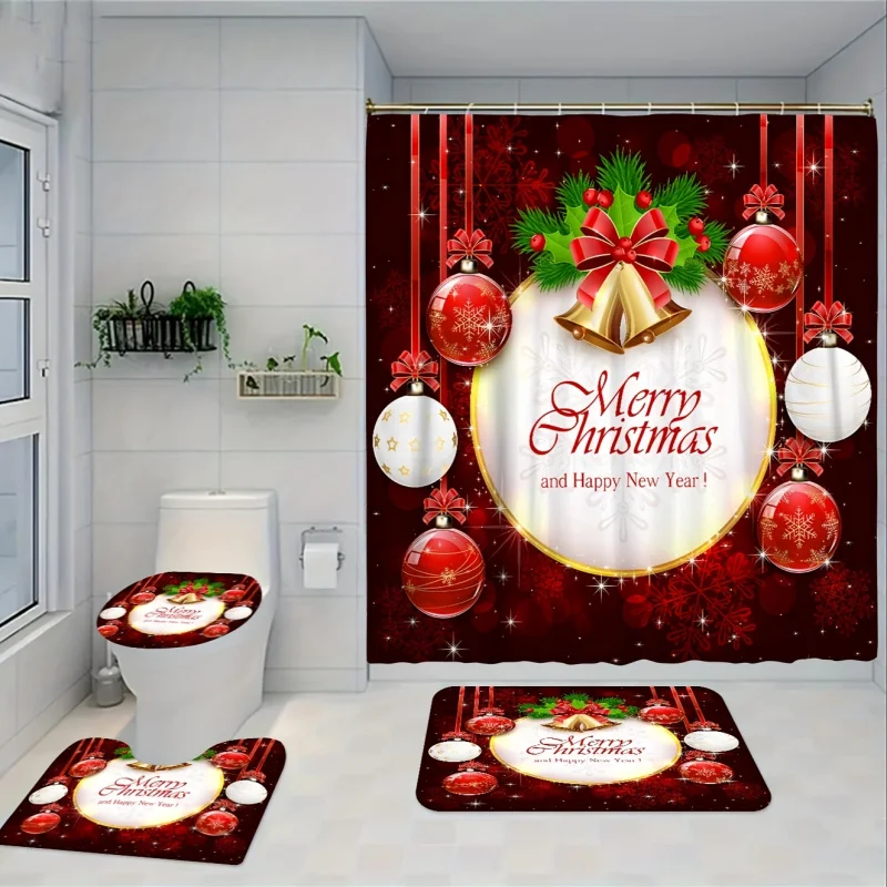 

4 шт. красный набор для ванной комнаты с принтом шариков-колокольчиков, водонепроницаемая занавеска с 12 крючками, нескользящий коврик для ванной комнаты, коврик U-образной формы для унитаза, туалет L