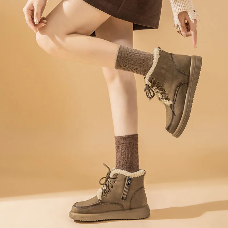 النساء أحذية الثلوج جلد طبيعي الشتاء الأحذية الدانتيل متابعة صوف الضأن الشتاء الدافئ السيدات أحذية جولة تو شقة أحذية بوت قصيرة WSH5243 #4