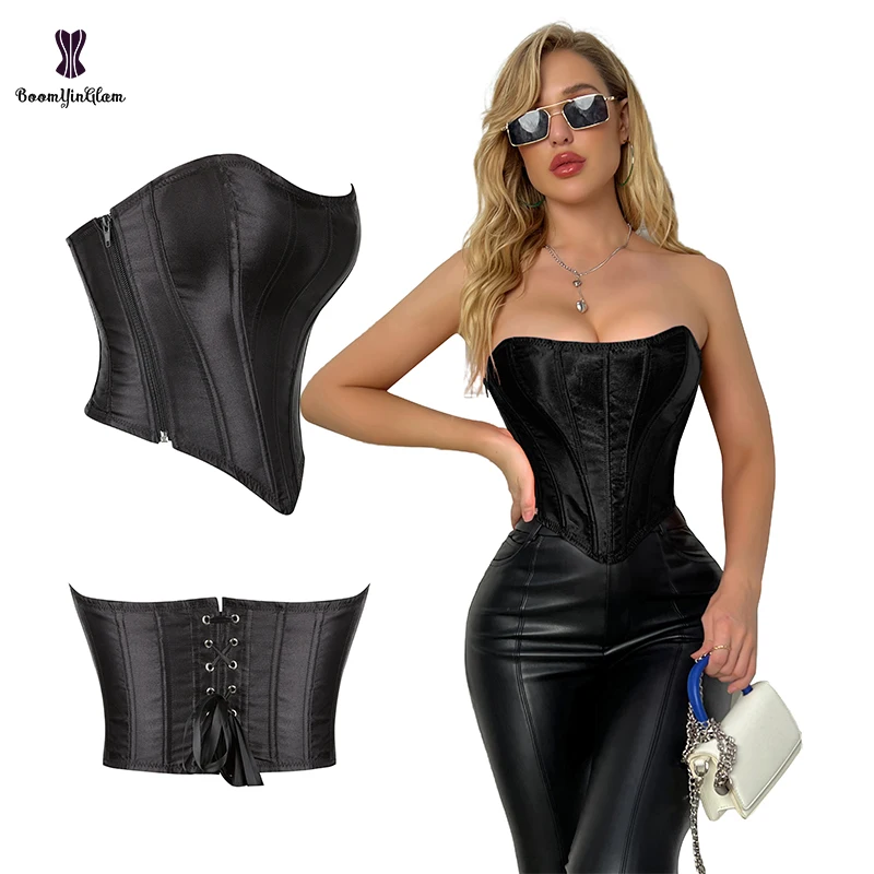 Summer Style 16 Plastic Bone Women Satin Overbust Corselet Plus Size Xs-6xl Solid Black Lace Up Short Corset Top With Zip