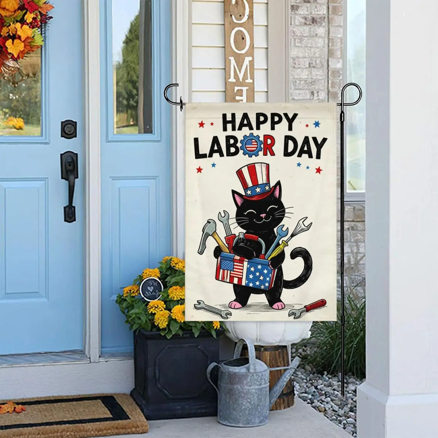 Happy Labor Day Black Cat Garden Flag 12x18 Inch Double Sided – Patriotic Tools & Uncle Sam Hat Outdoor Yard Decoration  yyi