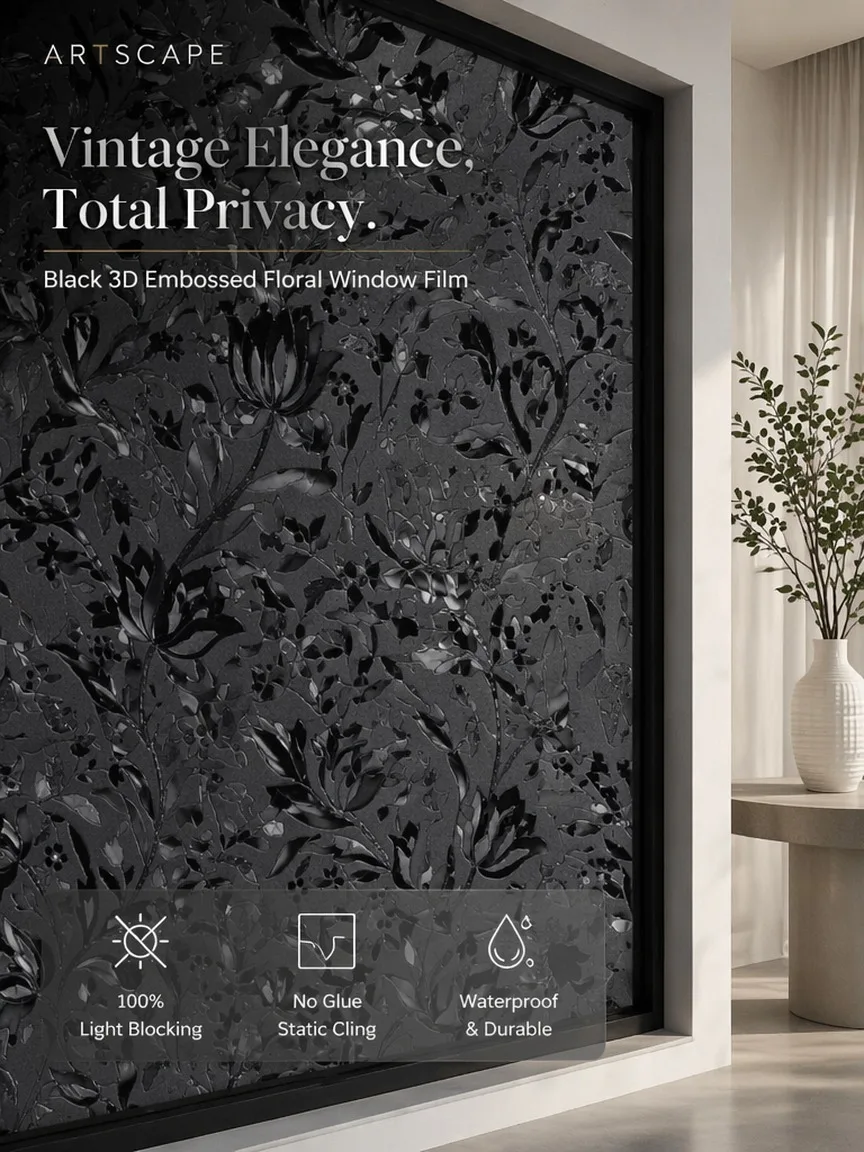 Tulip Pattern Black Total Blackout Privacy Window Film Self Adhesive UV Block Heat Control for Bedroom Home Bathroom Glass Door