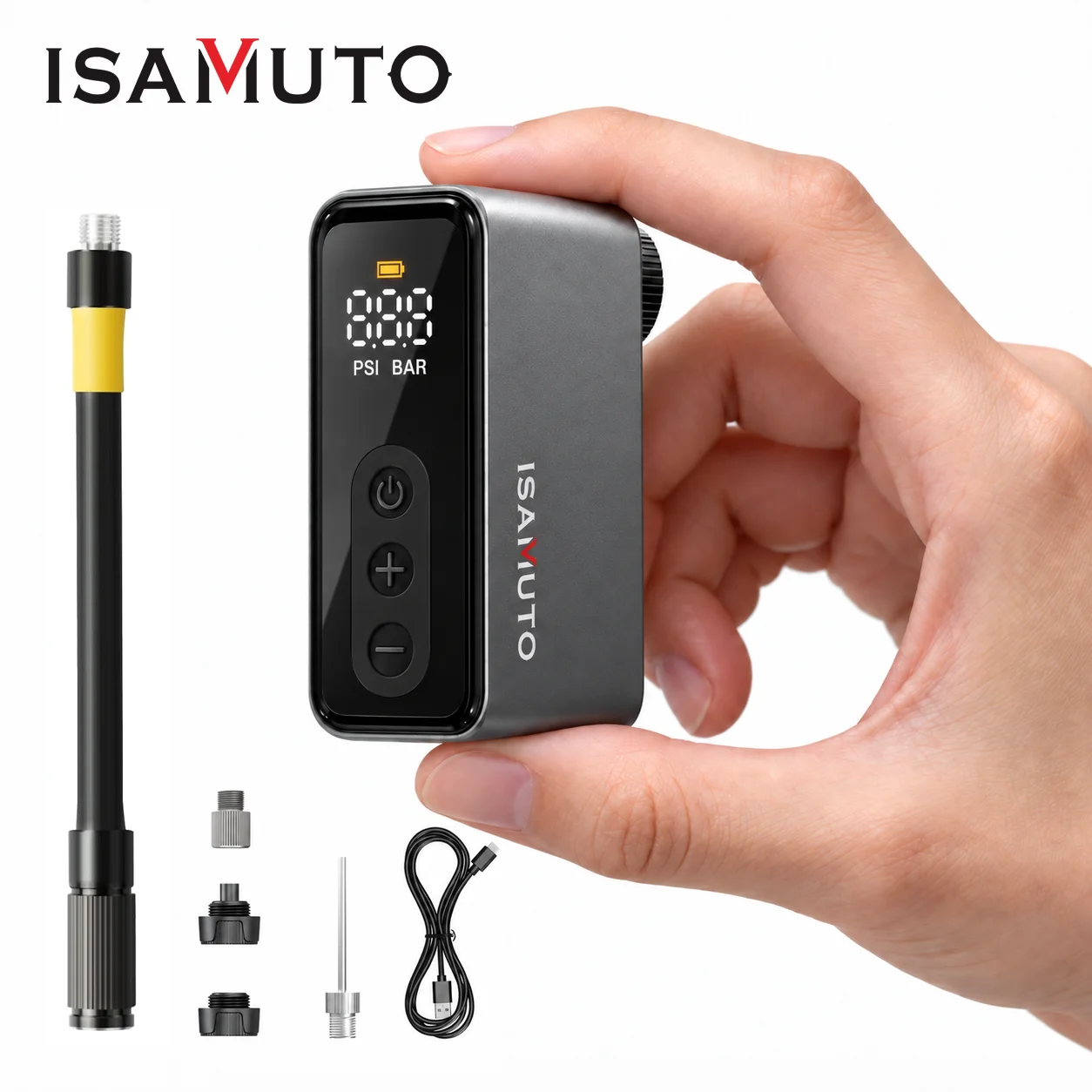 ISAMUTO Mini Portable Electric Pump 120PSI Tire Inflator Pump for Bicycle Ball Digital Gauge Display BL08