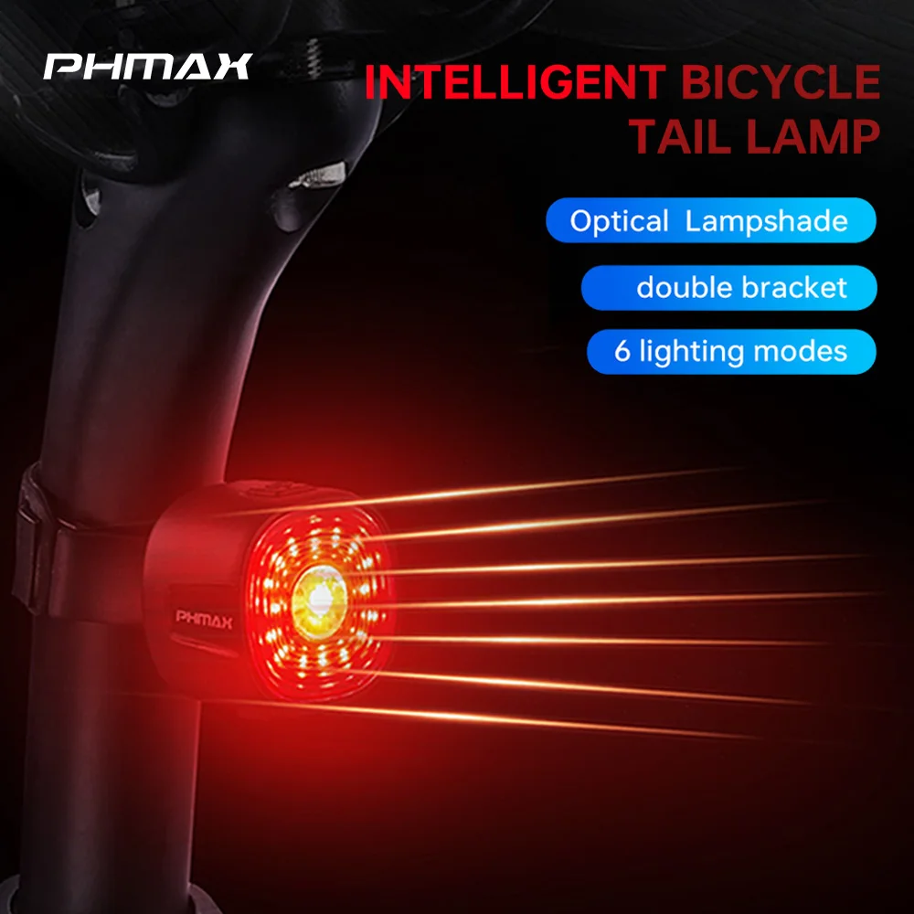 PHMAX Bicycle Tail Light Smart Brake MTB Road Seatpost Saddle Bike Rear Light IP66 Waterproof Type-C Charging Cycling Taillight