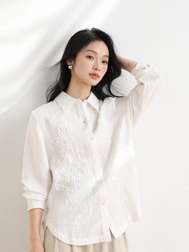

Женская повседневная блузка с длинным рукавом, вышивкой, пуговицами и воротником из шелка и льна, дышащая, комфортная посадка