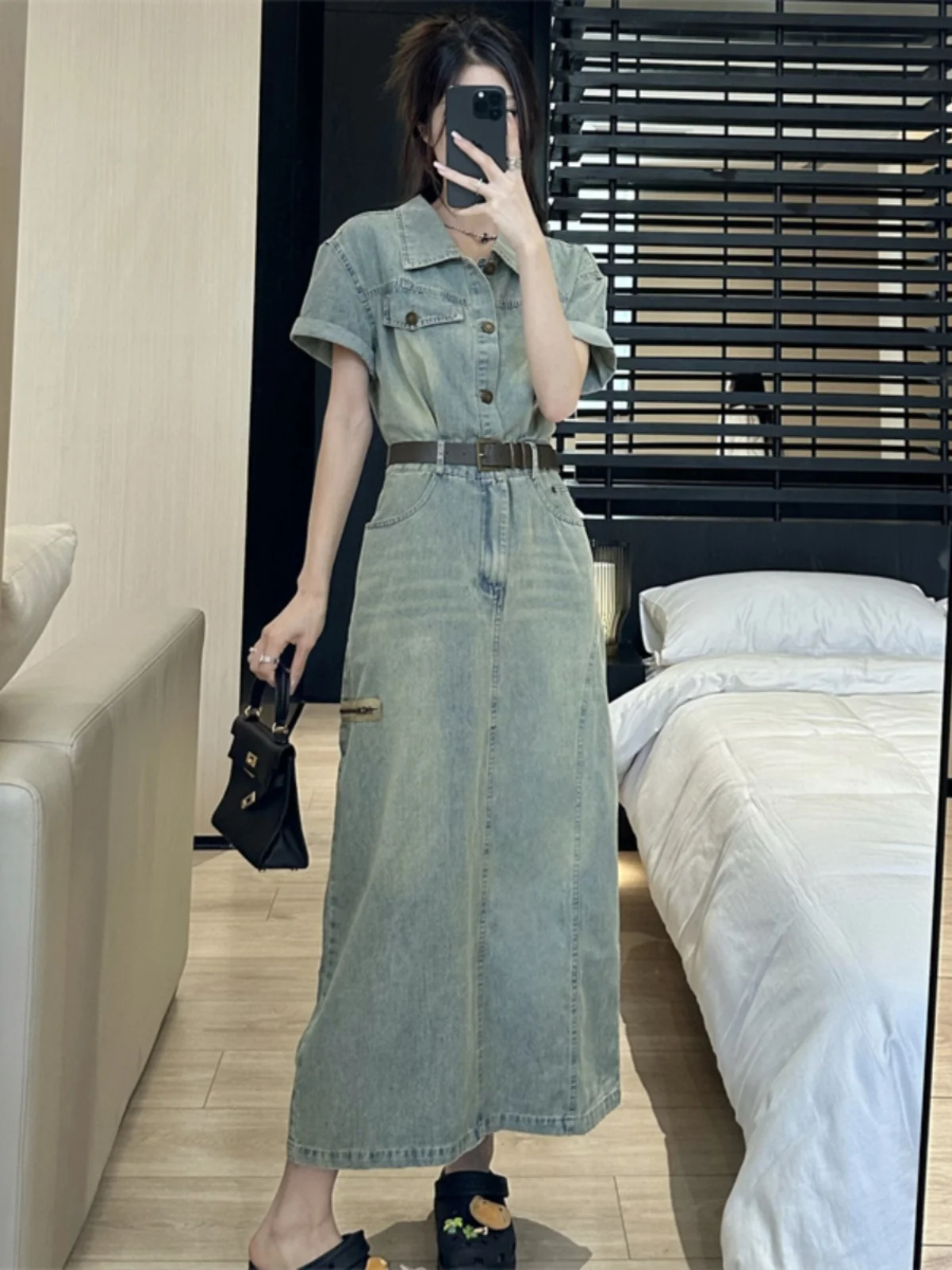 plus Size Vintage American Sle Denim Dr Women's Summer New Waist Cinching ort Sve Turn-down Collar Midi Skirt