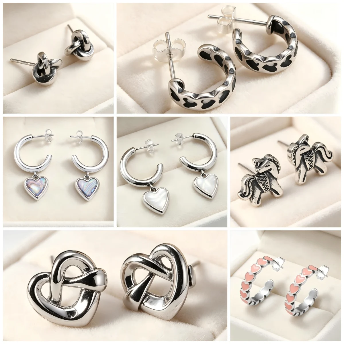 JA 925 Sterling Silver Hoop Stud Earrings for Women, Cute Heart Horse Leopard Print Knot Tiny Ear Jewelry, Dainty Shell Inlaid Piercing Earrings, Daily Wear Sweet Gift for Girls Party Accessories