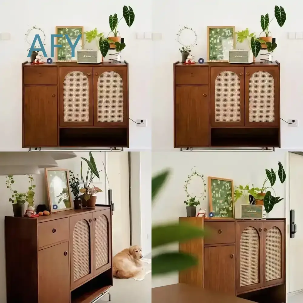 Japanese Style Shoe Cabinet for Entrance Hallway Rattan Solid Wood Storage Cabinet Simple Retro Entryway Organizer Shoe Rack