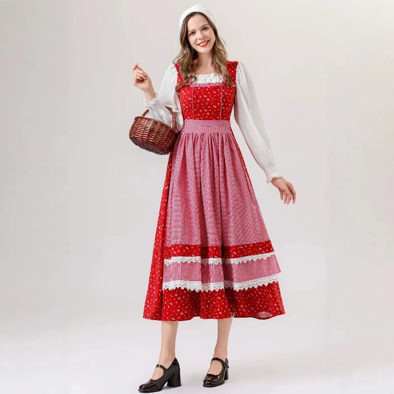 New Cosplay Farm Maid  Printing Dress with Hood Suits Costume for Women Fairy Tale Halloween Theme Party Role Playing Outfits - view 5