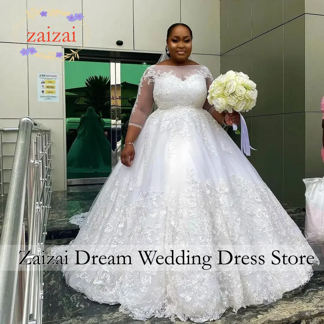 Customized Luxury White Lace Plus Size Wedding Dress Illusion Jewel 3/4 Sleeves Corset Up Back Big Lady African Bridal Gowns