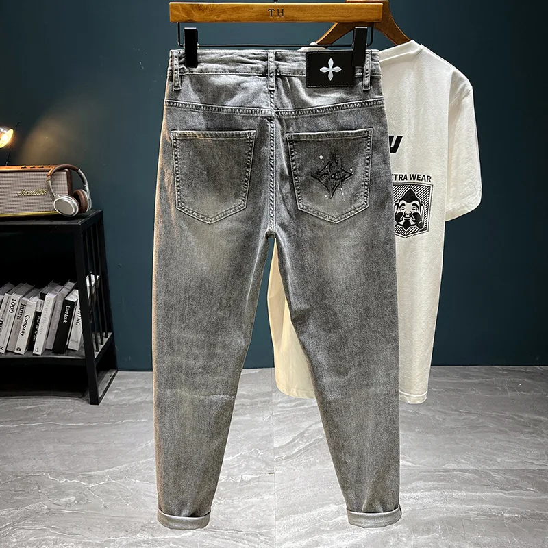 2024 high end luxury Grey embroidered jeans for MEN'S elastic slim fit straight leg fashion casual versatile denim pants
