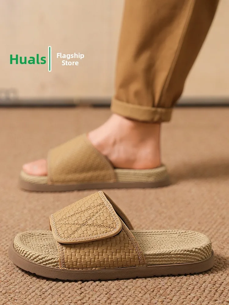 Men's Summer Indoor Outdoor Slip-On Sandals Anti-Slip Wear-Resistant Soft Bottom Woven Slippers Korean Style Beach Shoes