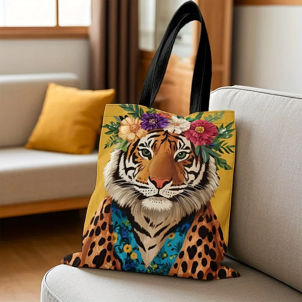 1 Stück stilvolle Tragetasche mit Tiger- und Leopardenmuster und lebendigem Blumenkranz-Design, perfekt zum Einkaufen, Pendeln auf Feiertage
