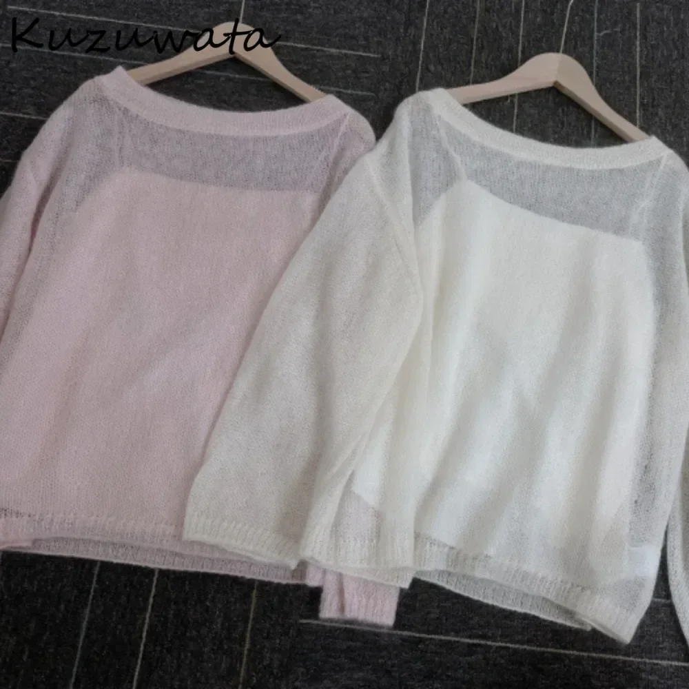 Kuzuwata Moda Loose O Neck Long Sleeve Soft Jumper Pullover Hollow Out Wool Sling Sweaters Japan All-match Simple Knit Knitted