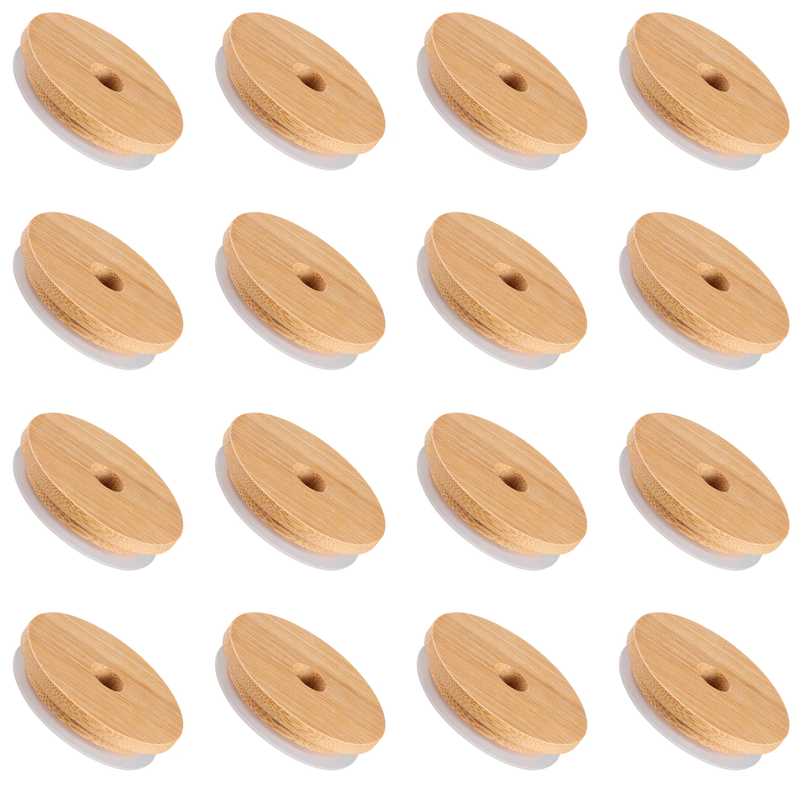 

16pcs Bamboo Lid With Straw Hole For Jar Bottle Reusable Leakproof Sealing Cover Wood Caps Kitchen Storage Containers