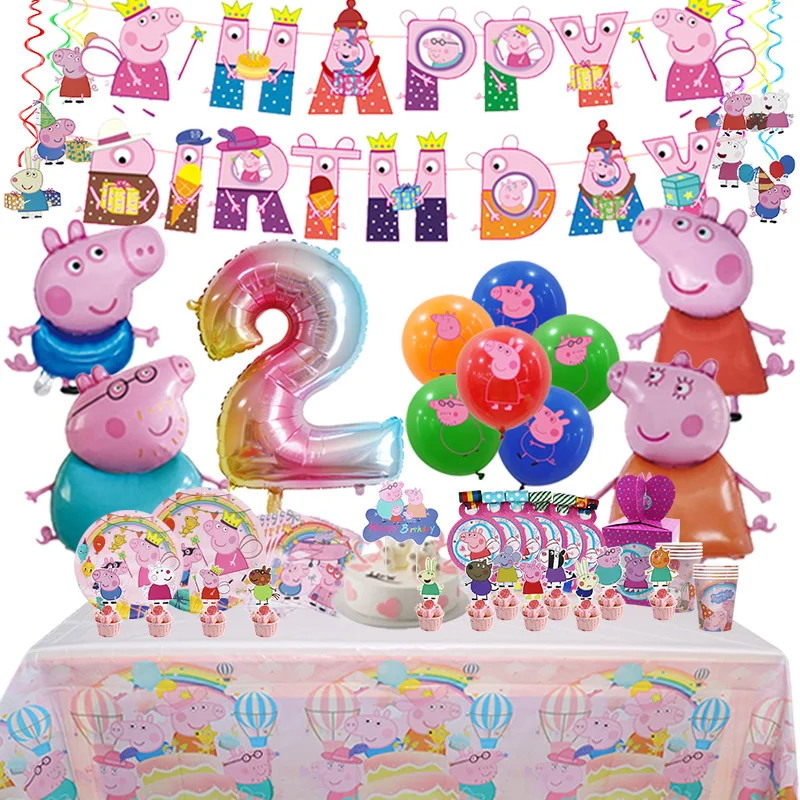 Peppa Pig Birthday Party Decoration Foil Latex Balloon For Kid Event Supplies Banner Backdrop Disposable Tableware Plate Cup