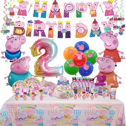 Peppa Pig-globo de látex de aluminio para decoración de fiesta de cumpleaños, suministros para eventos infantiles, pancarta, telón de fondo, vajilla desechable, plato y taza