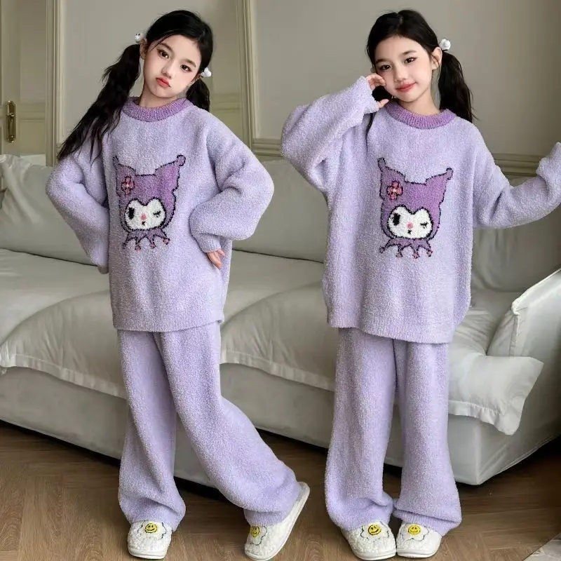 Lounge Clothes Hot Sanrio Hello Kitty Girl Velvet Hoodie Suit Kawaii Children Cartoon Loose Coat Thickening Fashion Gift Winter