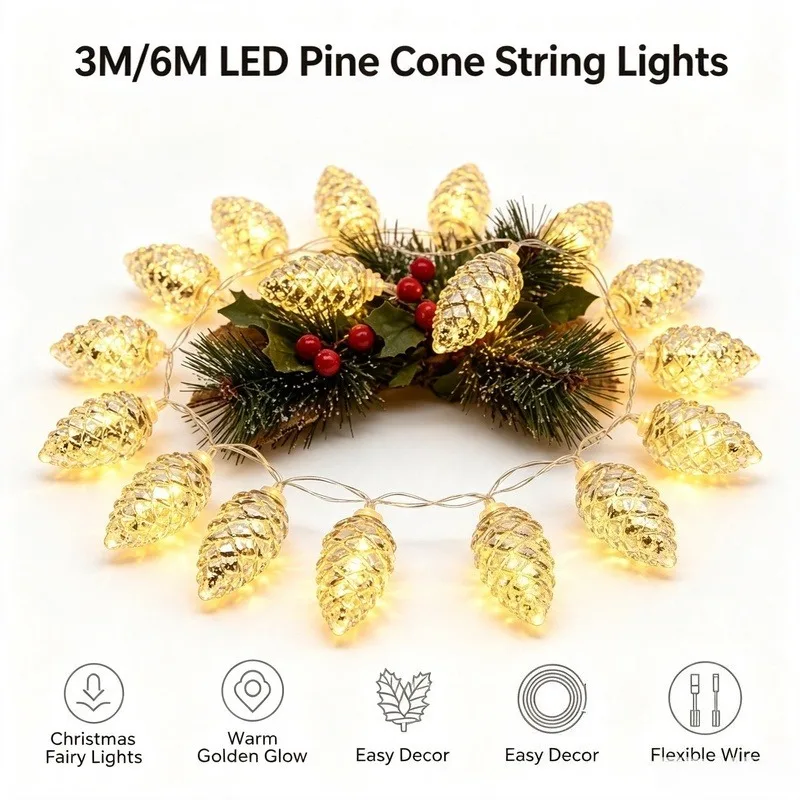 3M/6M LED Pine Cone String Lights, Christmas Tree Fairy Lights, Hanging Ornament Decorations for Holiday Home Party Decor