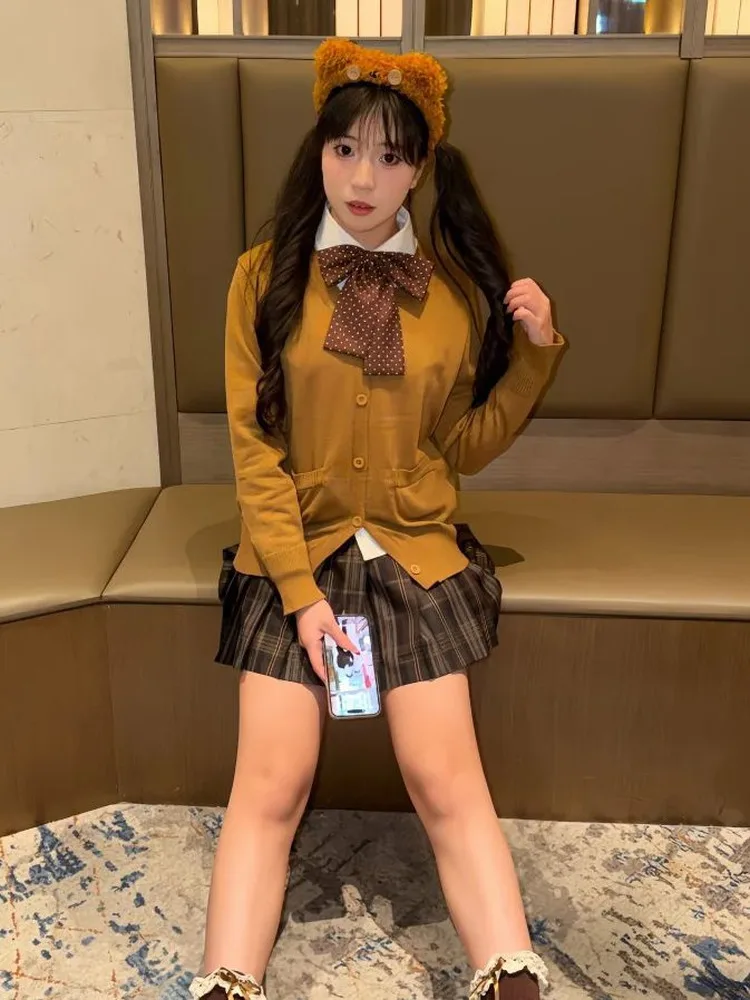 

Original 2026 JK orm Long Sve Sweater Tee Piece Set School Sle Warmth for Girls Autumn Spring Plaid Skirt Ensemble