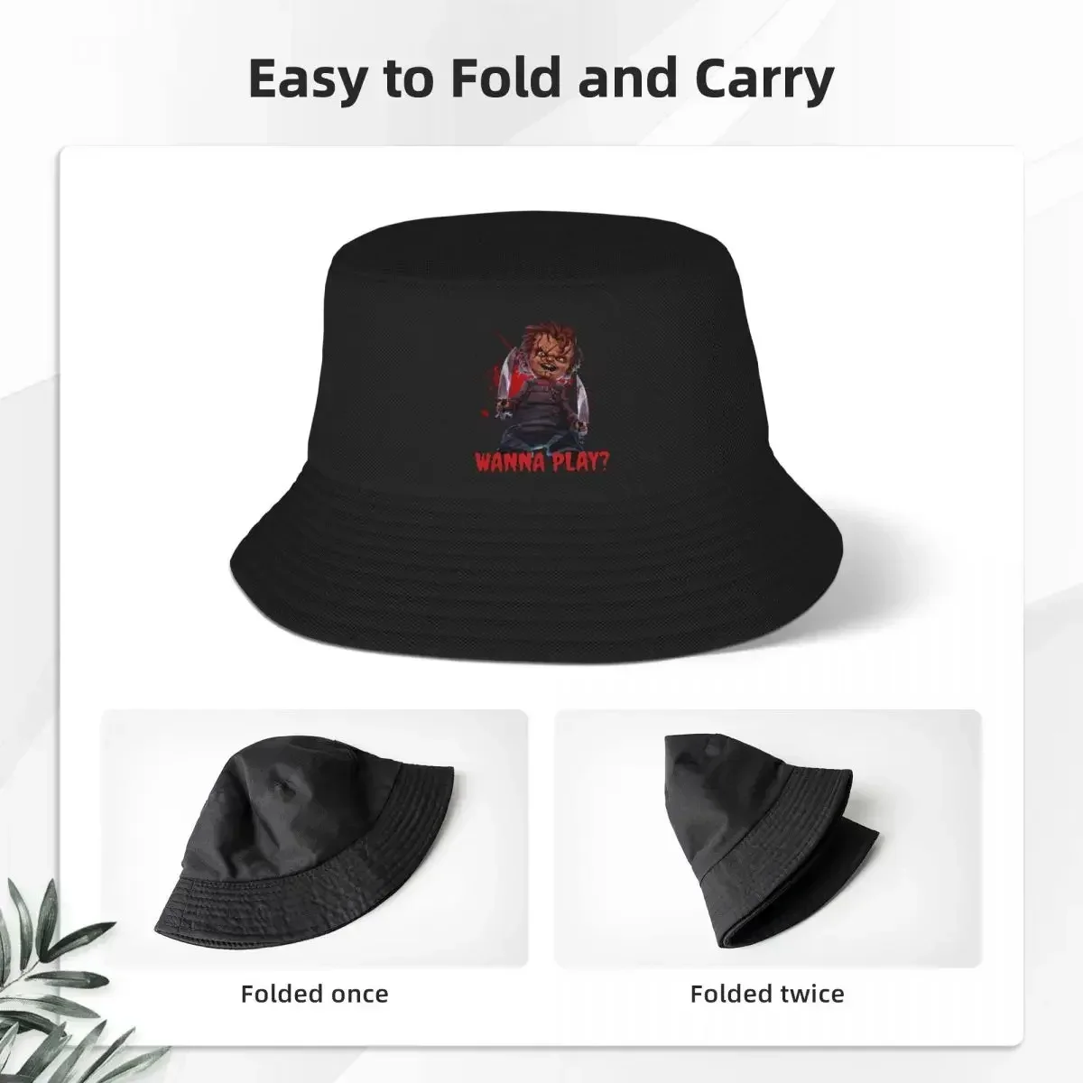 New Trendy Chucky Wanna Play Bucket Hats For Teen UV Protection Vintage Halloween Bob Hat Summer Beach Vacation Getaway Headwear