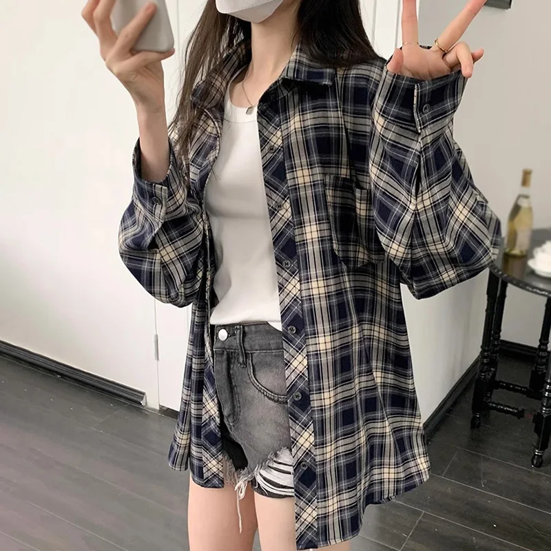 Women Plaid Shirt Long Sleeve Collared Button Up Plaid Shirt Jacket Fashion Loose Casual Blouses Female Breathable Outwear