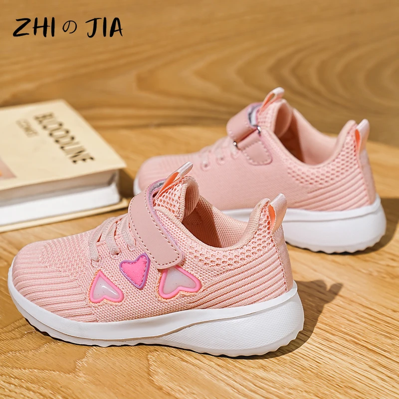 New Girls Fashion Casual Shoes Spring Children\'s Mesh Breathable Sneaker Cute Pink Flat Shoes Lightweight Comfortable Footwear