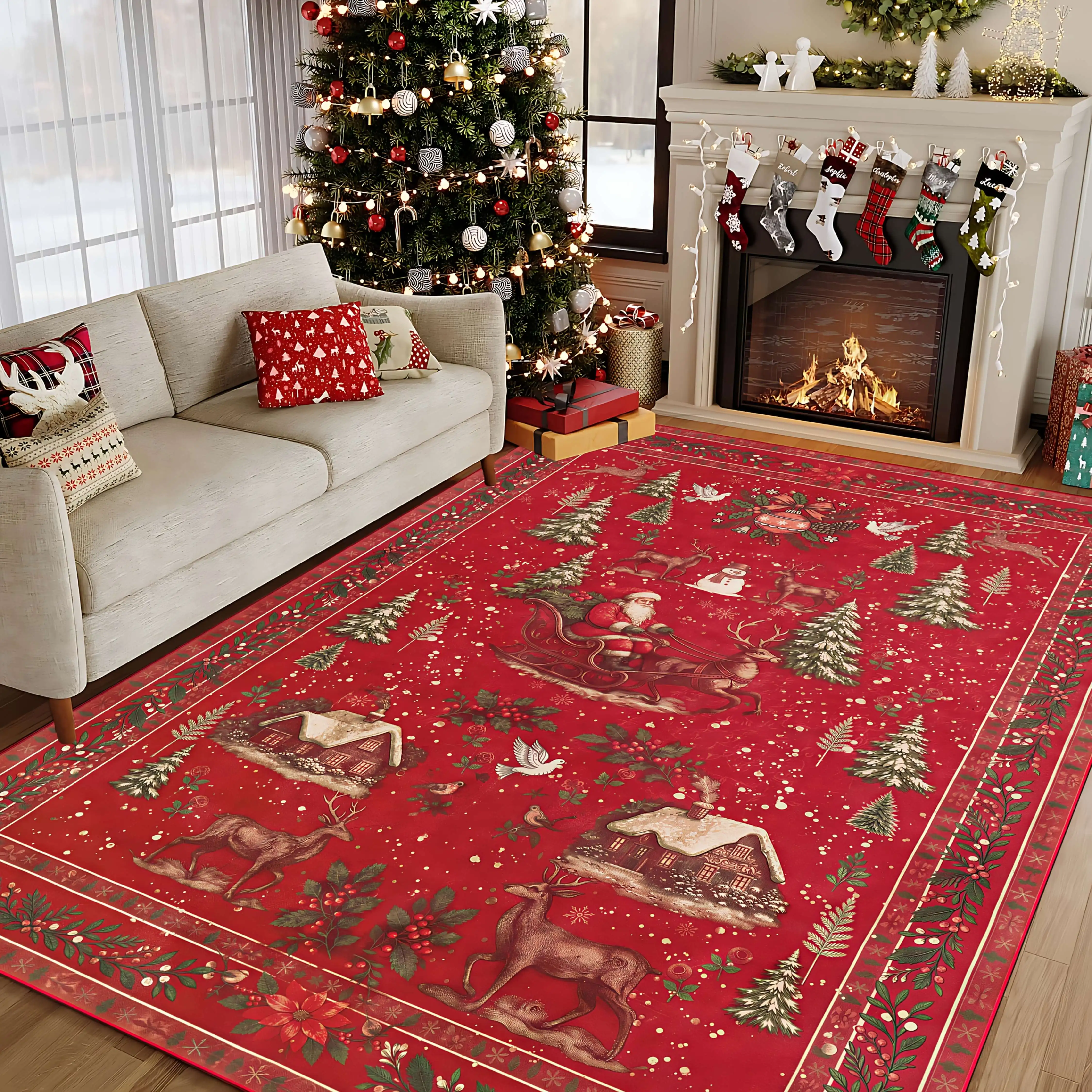 Living Room Bedroom Christmas Reindeer Sleigh Snowflake Pattern Large Area Rug New Year Winter Holiday Party Floor Mat Door Mat