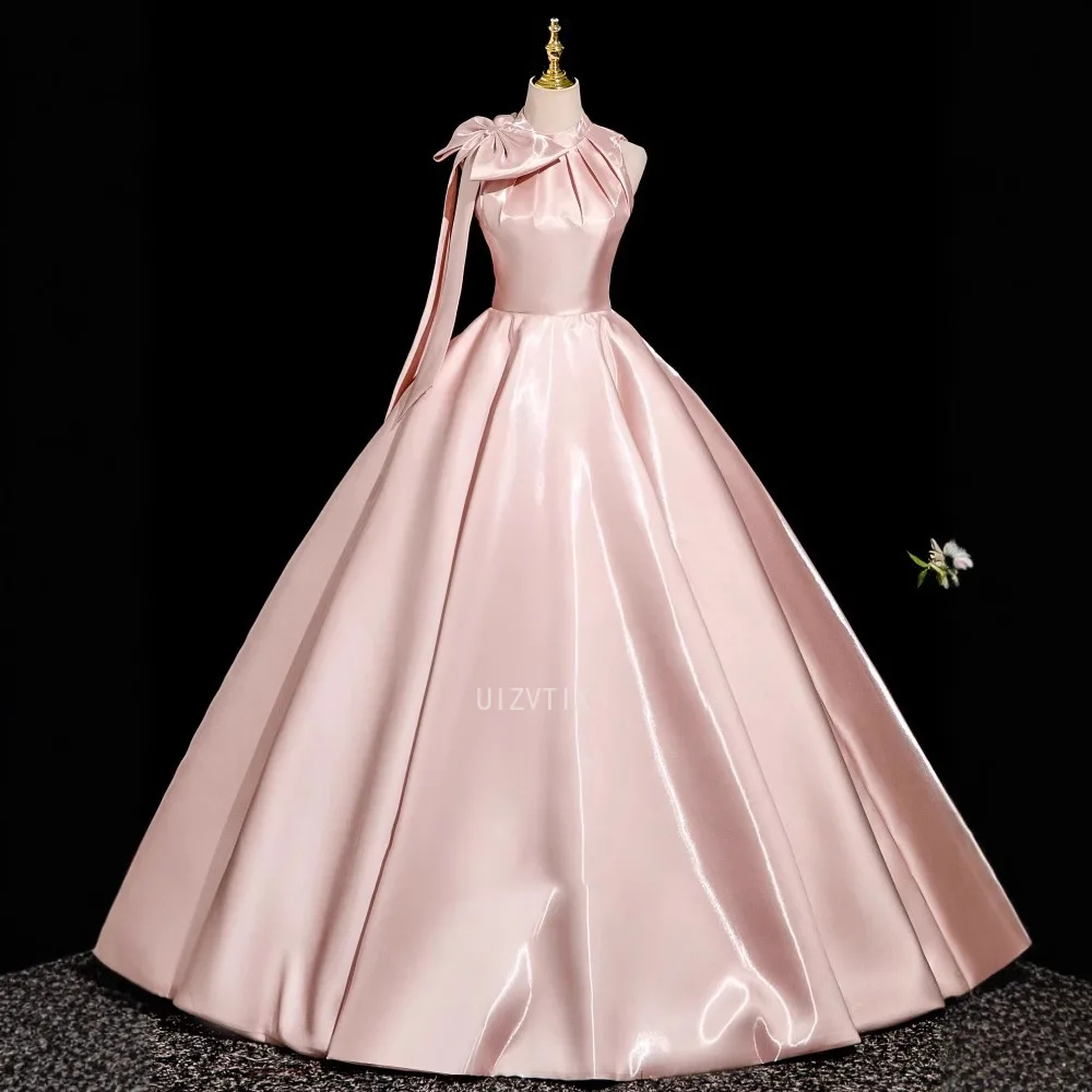 

Pink Satin Long Evening Dress Womens Simple Halter Prom French High End Bridesmaid Dress Engagement Party Gowns Bridal Gowns