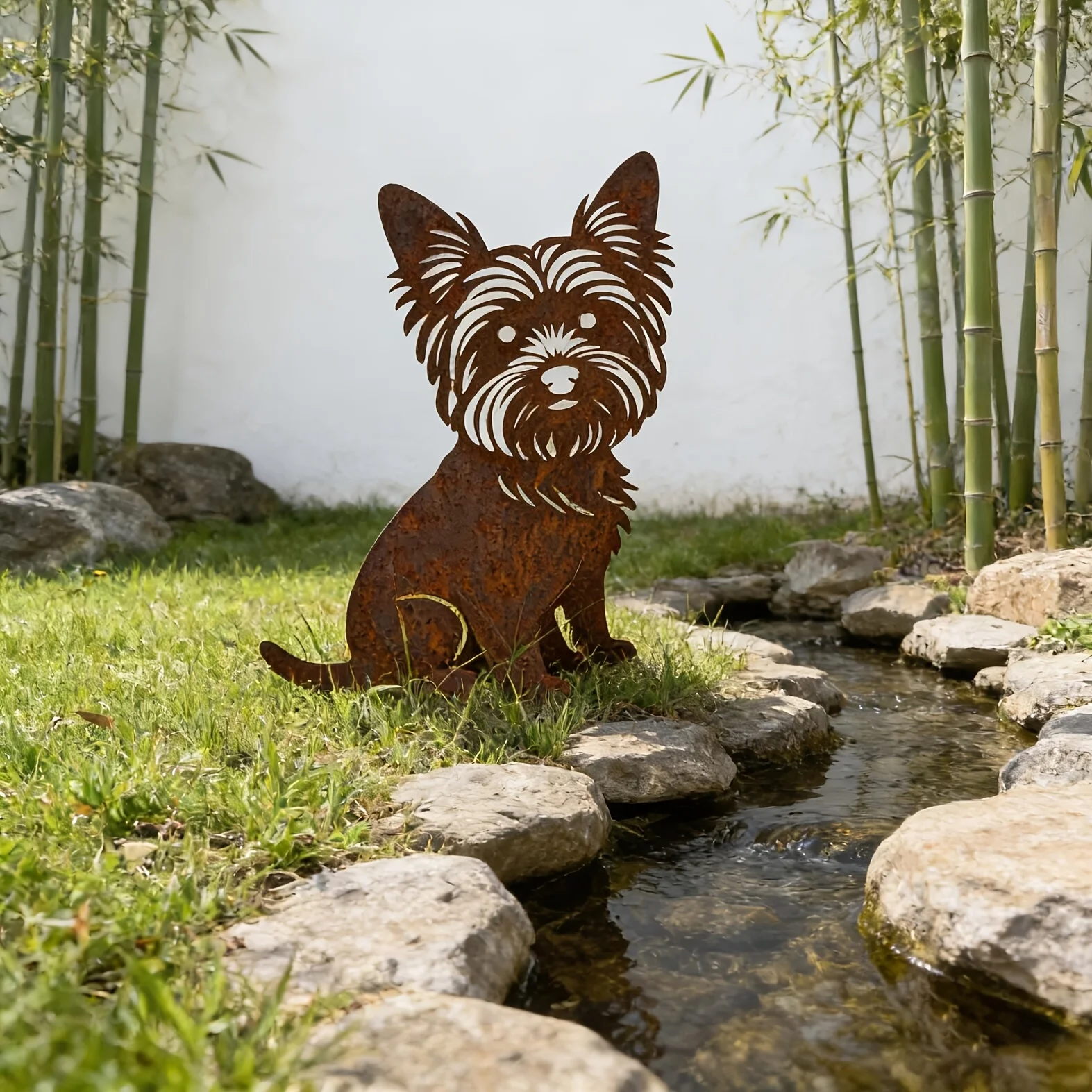 2D Flat Vintage Rusty Iron Yorkshire Terrier Garden Stake, Rustic Outdoor Yard Art Statue, Cute Decor& Funny Gift for Dog Lovers